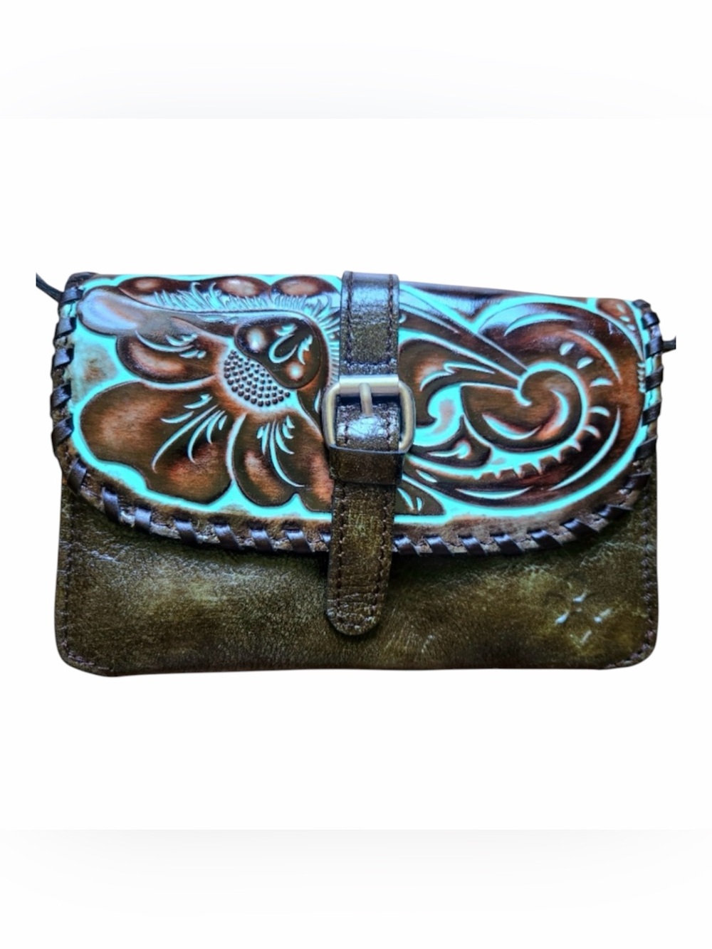 Patricia Nash Torri Tooled Floral Details Green Turquoise Leather Crossbody Bag